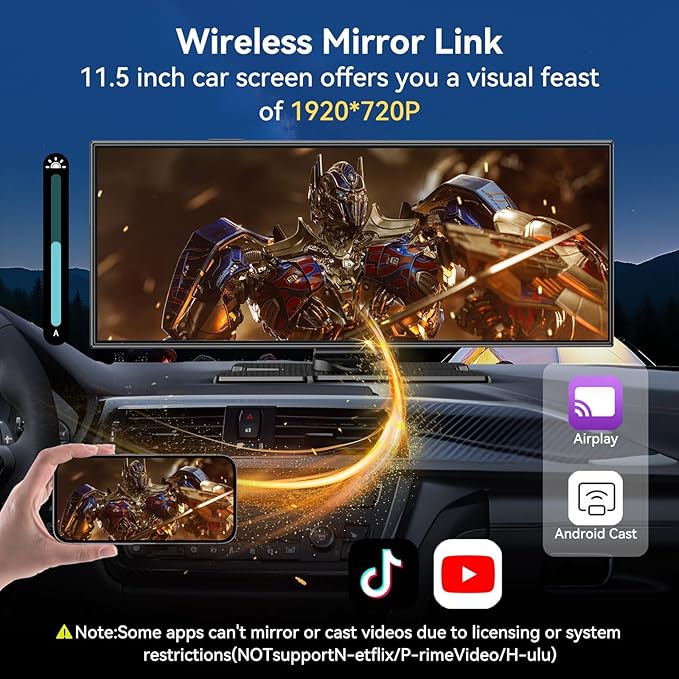 Carplay Screen for Car, Largest 11.5" Wireless Carplay & Android Auto Screen with 4K Dashcam / 1080P Rear Camera, Compatible with A-pple Carplay, Bluetooth, FM, TF Card, Voice Control, Navigation