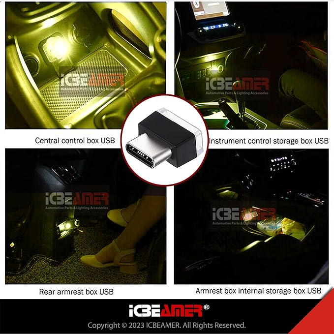 ICBEAMER Type C Adapters Atmosphere Light 1-Pack (Yellow) | Universal Plug-in Miniature LED Night Light for Car Interior and Trunk Ambient Lighting, Easy Installation, Energy Efficient