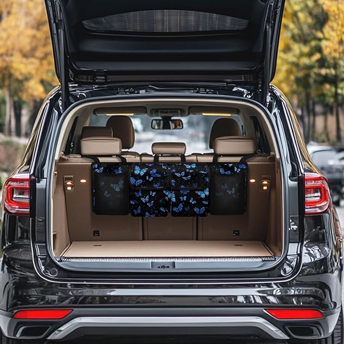 Blue Butterfly Car Trunk Organizer Small SUV Trunk Organizers and Storage with 4 Pockets, Butterfly Car Accessories for Women Car Organization, Leave Room for Buying and Shopping