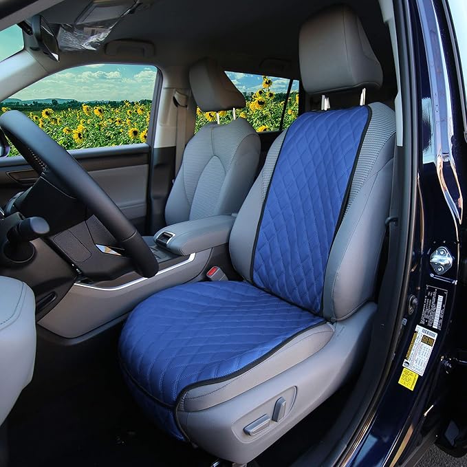 FH Group Car Seat Cushion – Faux Leather Single Front Seat Cover with Front Pockets, Airbag Compatible, Universal Fit Car Seat Cushion for Driver or Passenger Seat, SUV, Truck, Sedan & Van – Blue