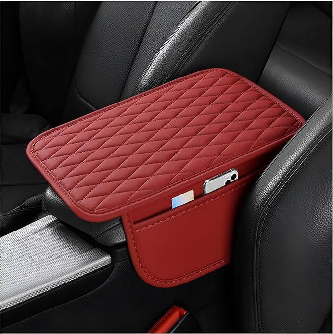 Car Center Console Cover, Leather Vehicle Armrest Seat Box Cushion Pad with Storage Bags, Waterproof Automotive Middle Console Protector, Universal for SUV RV Truck (Wine Red)