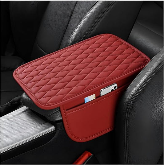 Car Center Console Cover, Leather Vehicle Armrest Seat Box Cushion Pad with Storage Bags, Waterproof Automotive Middle Console Protector, Universal for SUV RV Truck (Wine Red)
