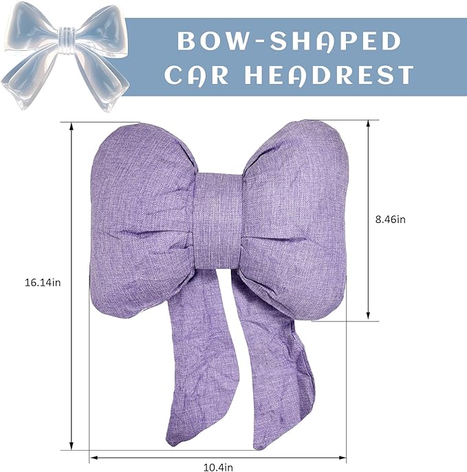 Sun Walker Bow Car Headrest Pillow, Breathable Bow-Shaped Vehicle Neck Pillow with Adjustable Strap, Ergonomic Neck Support Cushion Driving Seat Decoration for Women Girls (Purple)