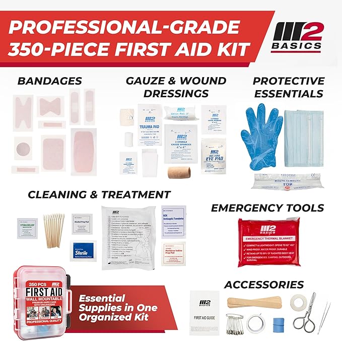 M2 BASICS 350 Piece First Aid Kit, Wall Mount Hard Case with Dual Layer Compartments for Workplace, Office, Warehouse, Home, Car