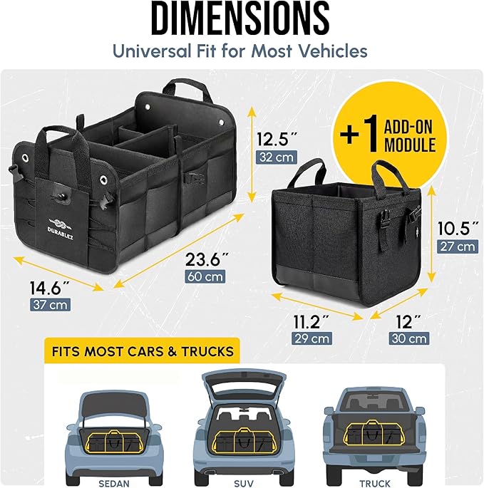 3-Section Car Trunk Organizer XL – Large Modular Auto Storage Bin, Foldable Multi-Compartment Cargo Organizer for Car Trunk, Heavy Duty 1680D Design – Black