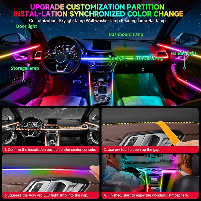 Interior Car LED Strip Lights Acrylic Fiber Optic Strip LED Lights with APP&Remote Control Dynamic Chasing Music Sync Neon Ambient Lighting Kits for Cars,SUVs,Trucks(55.12inch*2)