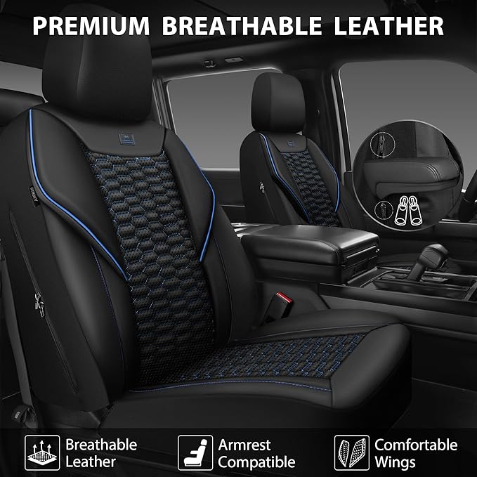 CAR PASS 3D Foam PU Leather Car Seat Covers Full Set,Luxury Breathable Faux Leather Seat Covers for Car,Anti Slip Universal Fit for SUVs Vans Sedan Truck Auto,Armrest Airbag Compatible,Black and Blue