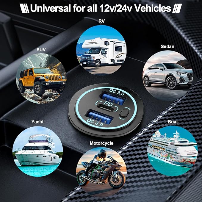 12v usb charger, PD 20W USB-C Power Socket and 18W QC3.0 Socket Waterproof Power Outlet 12V/24V with Power Switch 12V USB C Outlet for Car Golf Cart Boat Marine Bus Truck RV Marine Motorcycle etc.