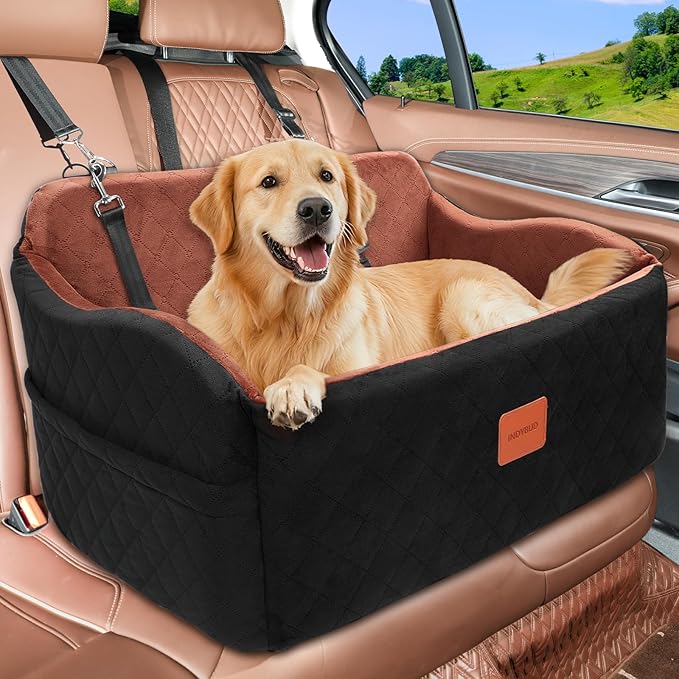 Dog Car Seat for Medium/Large Dogs, Memory Foam Pet Booster Seat for Under 55 lbs or 2 Small Dogs, Detachable Dog Car Bed for Backseat with 2 Safety Leashes and Pockets(Black/Brown, Large)