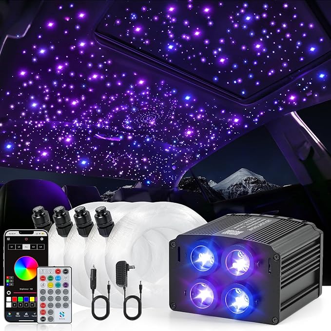 4 Colors 32W Twinkle Starlight Headliner Kit for Car Home with APP&RF Remote,RGBW 500pcs*0.03in*13.1ft Cables Fiber Optic Star Sky Roof Lights,4 Port Engine Sound Activated Car Ceiling Star Lights