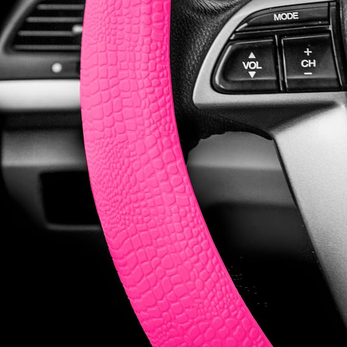 FH GROUP Car Seat Covers Premium Tall Channel Rubber Trimmable Floor Mats w. FH3001 Snake Pattern Silicone Steering Wheel Cover- Universal Fit for Trucks, SUVs, and Vans (Pink/Black) F11311