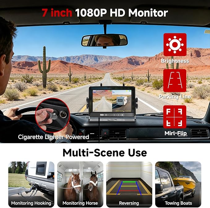 Magnetic Wireless Backup Camera for RV - 15000mAh Battery Solar Powered Reverse camera System with 1080P 7in Monitor, 500ft Stable Range 4CH Split Screen for Horse Trailer Truck Pickup Tractor