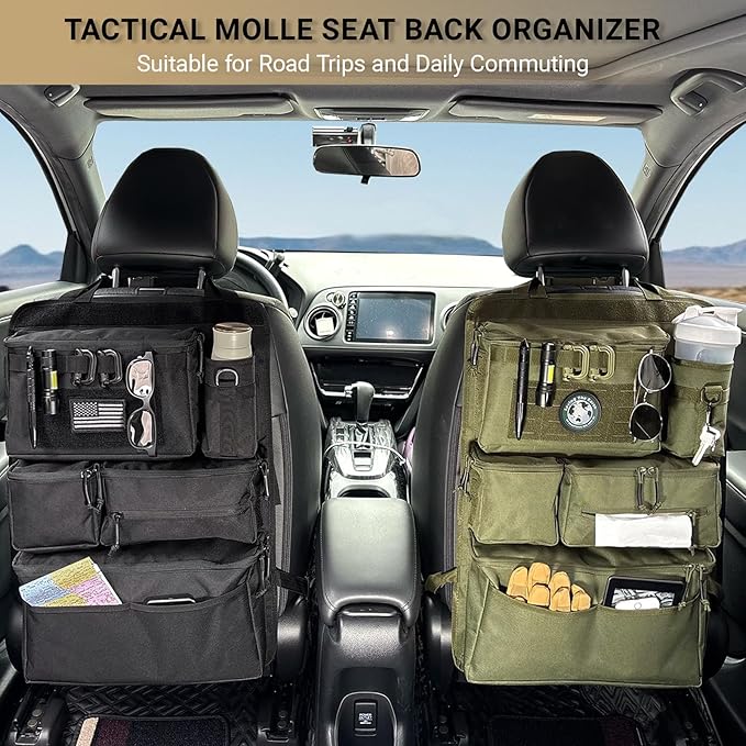 Tactical Seat Back Organizer - Heavy Duty MOLLE Panel Organizer with Multiple Pockets & Hook Loop Panel for EDC Gear, Road Trip Essentials, Universal Fit for Car SUV Truck Jeep Ford(Black)