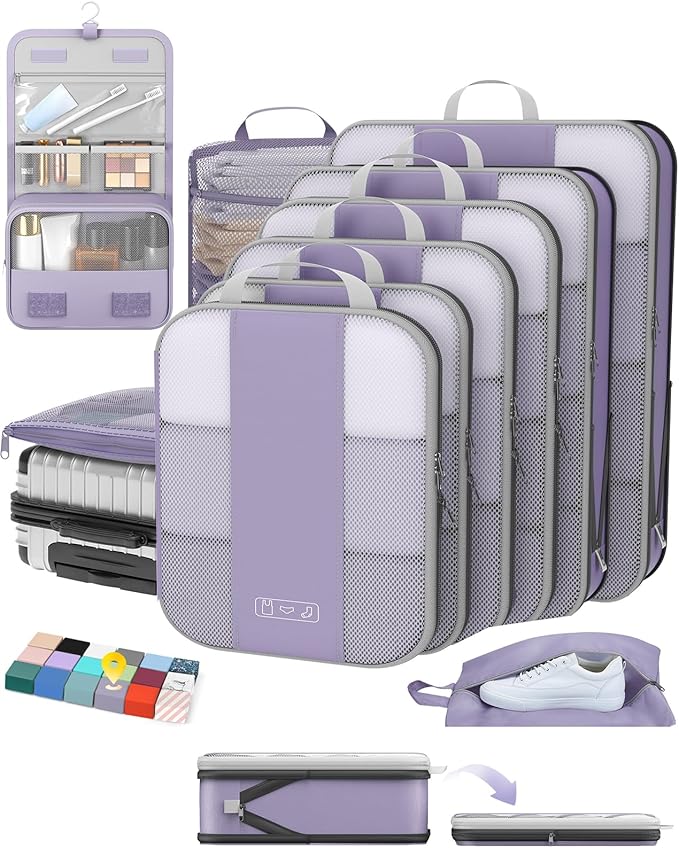 10 Set Compression Packing Cubes for Travel Essentials,Compressible Expandable Packing Cubes for Suitcase,OlarHike Luggage Organizer Bags for Travel,Handy Helper for Organizing Clothes(Purple Gray)