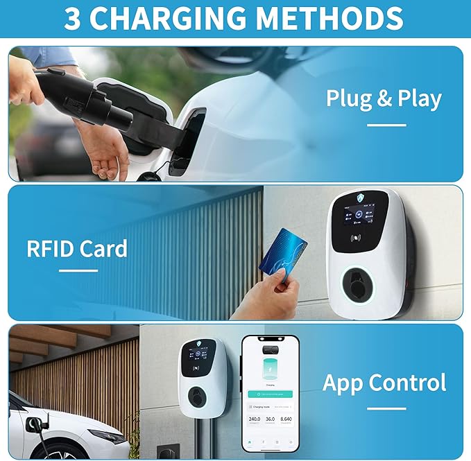 Level 2 EV Charger 240V/48A J1772 Electric Vehicle Charger NEMA 14-50 Plug Charging Station w/for Tesla Adapter w/App Control RFID Card WiFi 24Ft Cable Indoor/Outdoor Fast Charger