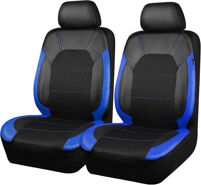 CAR PASS Leather Car Seat Covers Front Seats Only, with Air Mesh Front Seat Covers Breathable, Cool Automotive Seat Cover 2 Pack, Universal Fit Most Cars,SUV,Truck,Van Airbag Compatible(Black & Blue)