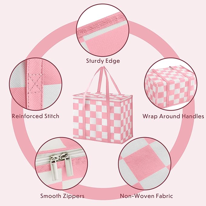 Checkered Insulated Grocery Bags 2 Pack, Checkerboard Cooler Shopping Bags for Groceries, Insulated Bags for Food Delivery