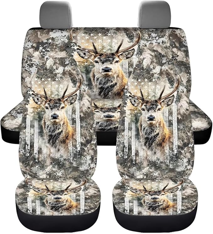 KEIAHUAN Car Seat Cover Full Set of 4 for Men Front Saddle Blanket Rear Split Bench Protection Cover Car Interior Accessories Decoration Fit Most Trucks, SUV or Vans American Flag Camo Deer Hunting