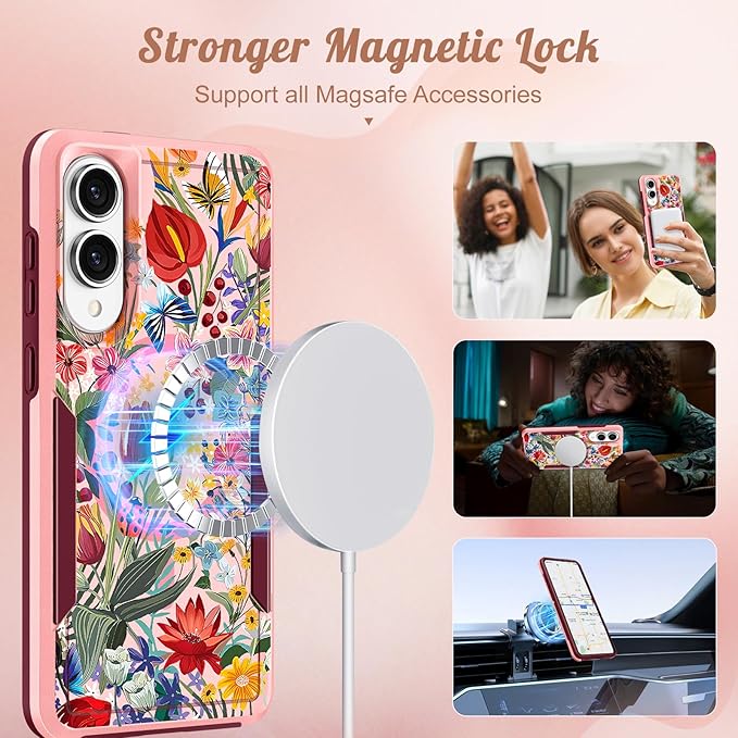 for Samsung Galaxy S25 Edge Case - Compatible with MagSafe Women Girls Cute Magnetic Protective Phone Cover Girly Floral Flowers Heavy Duty Shockproof Design for Samsung S25 Edge Case