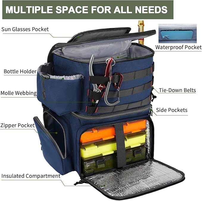MATEIN Fishing Backpack, Water Resistant Tackle Storage Bag with Rod Holders & Cooler, Fishing Gifts for Men