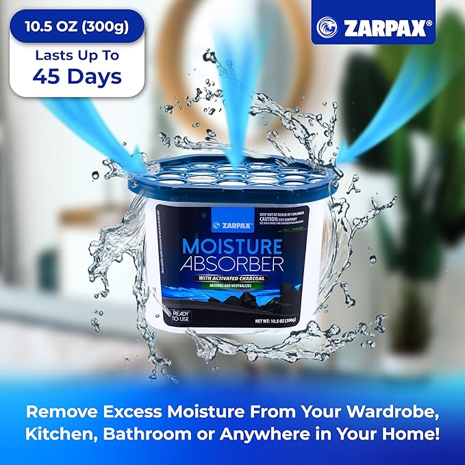 ZARPAX Moisture Absorber Activated Charcoal 10.5 oz/300g | Removes Moisture, Damp, Humidity & Odors | Odor Absorber | Moisture Trap for Bathroom, Closet, Kitchen & Small Spaces | Set of 15