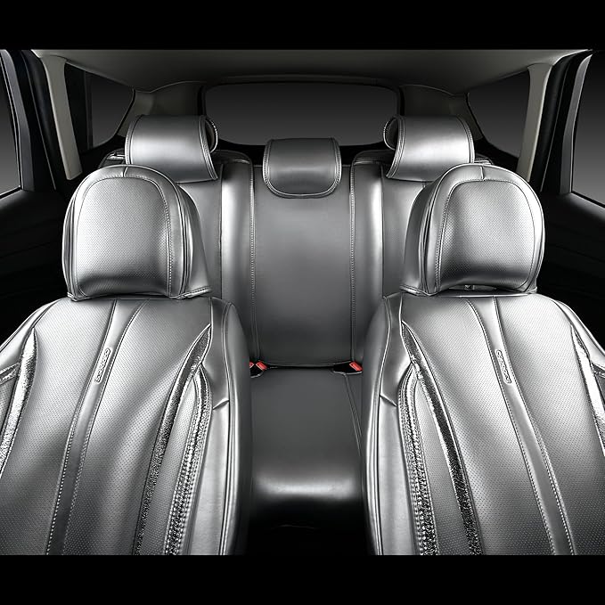 CAR PASS Ultra+ Nappa Leather Car Seat Covers Full Set Universal Cushioned, Soft Breathable Waterproof Anti-Slip Driver Seats and Backrest for SUV Pick-up Truck Sedan, 5 Seats Margiela Solid Silver