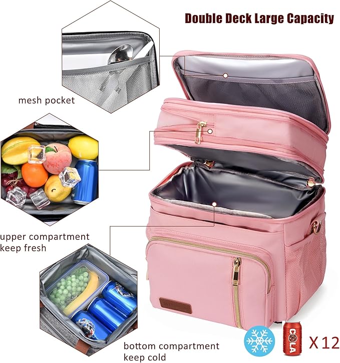 MIYCOO Lunch Bag & Lunch Box for Women Men Double Deck - Leakproof Insulated Soft Large Adult Lunch Cooler Bag for Work, Beach, Picnic, Camping, Travel (Pink,15L)