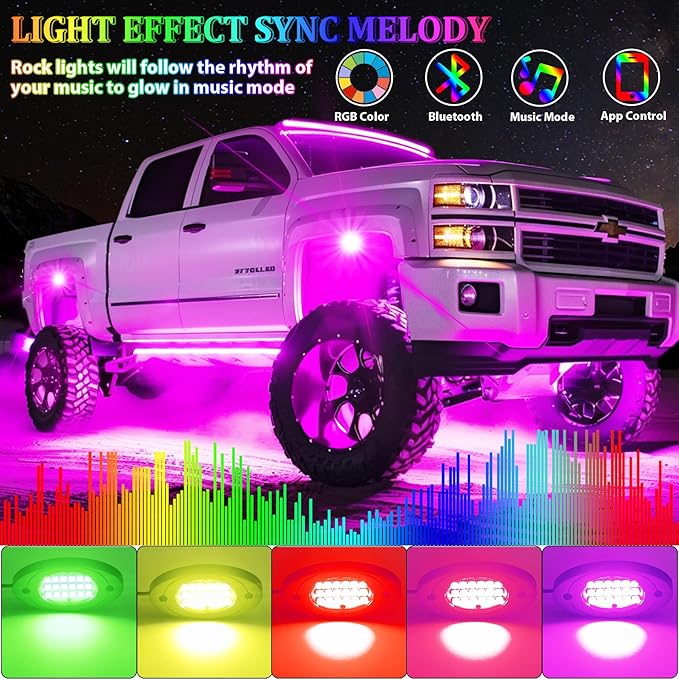 8 Pods RGB LED Rock Lights, Underglow Multicolor Neon Light Kit Wheel Well Light with APP Control & Music Mode, Under Glow Lights for Trucks,Jeep,SUV,Golf Cart,ATV,Pickup Off Road,12 V