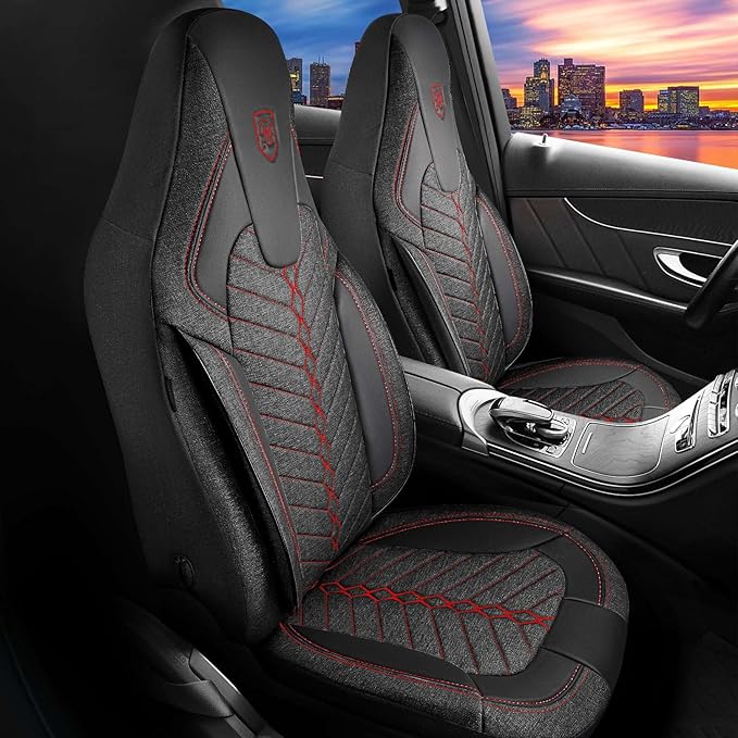 Premium Car Seat Covers Front Seat - Linen Car Seat Cover for SUV, Cars, Most Pickups, Black-Red Stitching, Car Seat Protector, Car Seat Covers Front Seats, Car Seat Protector