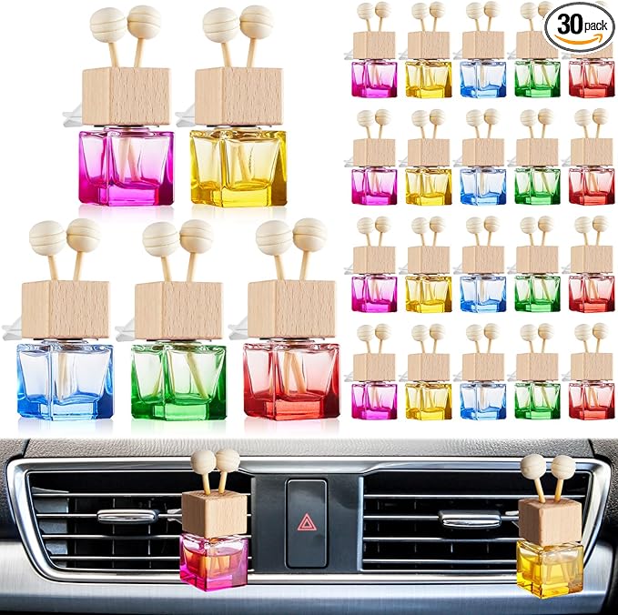 Zubebe 30 Pcs Car Diffuser Bottles Empty Bulk Vent Clip Car Air Freshener Diffuser for Essential Oil Perfume Glass Bottle with Wooden Caps Stick Fragrance Ornament (Colorful)