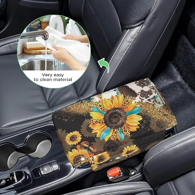 Wanyint Aztec Sunflower Leopard Cow Print Auto Center Console Cover Non-Slip Soft Armrest Storage Box Mat Scratch Resistant Middle Console Cover Arm Rest Pad Car Interior Decor Accessories
