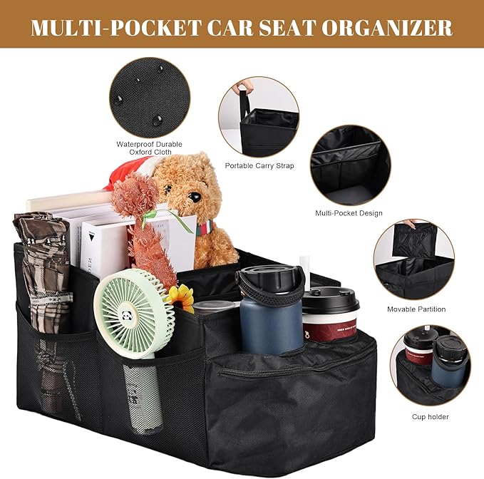 Car Seat Organizer Multi Pocket Backseat Organizer with Cup Holders, Collapsible Vehicle Storage Bag Secured to Front and Rear Seats via Seatbelt