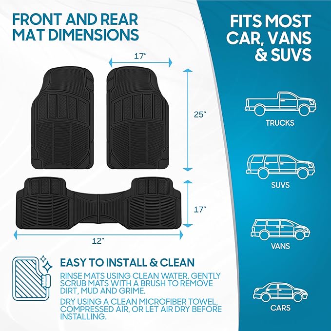 BDK 3-Piece ProLiner Heavy Duty Front & Rear Rubber Floor Mats, Universal Fit Liners for Cars SUVs Trucks Vans, All Weather Protection with Anti-Slip Nibs, Flexible Contours Fits Most Vehicles - Black