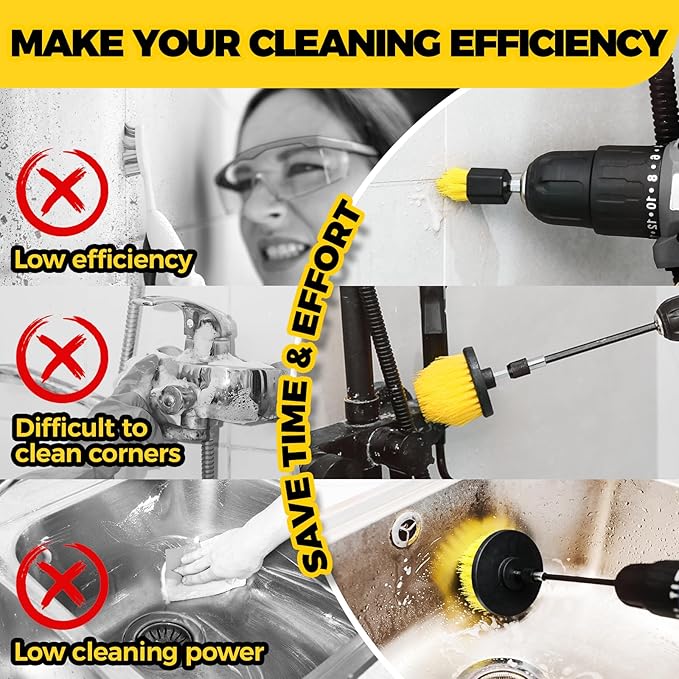 Holikme 8 Piece Drill Brush Attachments Set, Power Scrubber with Extend Long Attachment，Cleaning Supplies for Bathtub, Shower, Grout, Tile(Yellow)