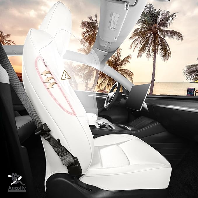 Tesla Model Y Seat Covers White Tesla Car Seat Cover 12pcs Waterproof Nappa Leather Seat Cover Fully Wrapped Customized for Tesla Model Y 2020-2024 (TY-White)