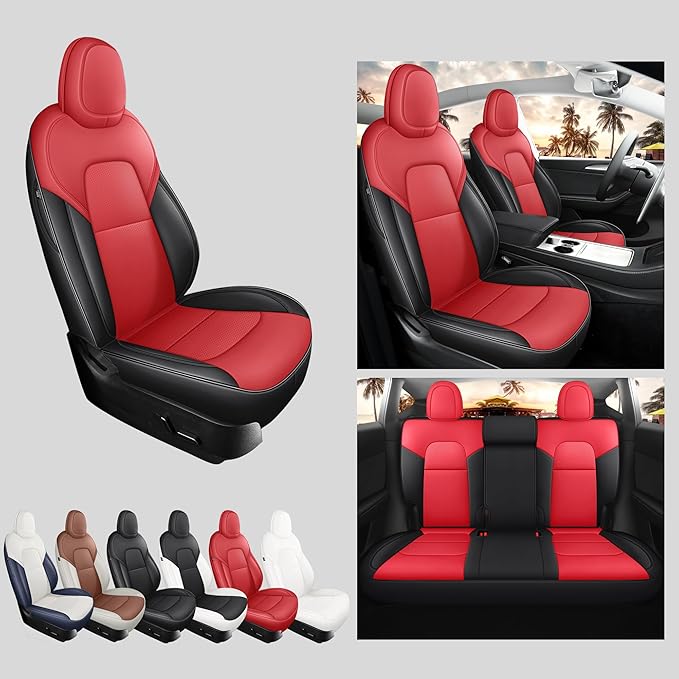 Tesla Model Y Seat Cover 2020-2024 Waterproof Nappa Leather Seat Cover Fully Wrapped (TY-Red+Black)