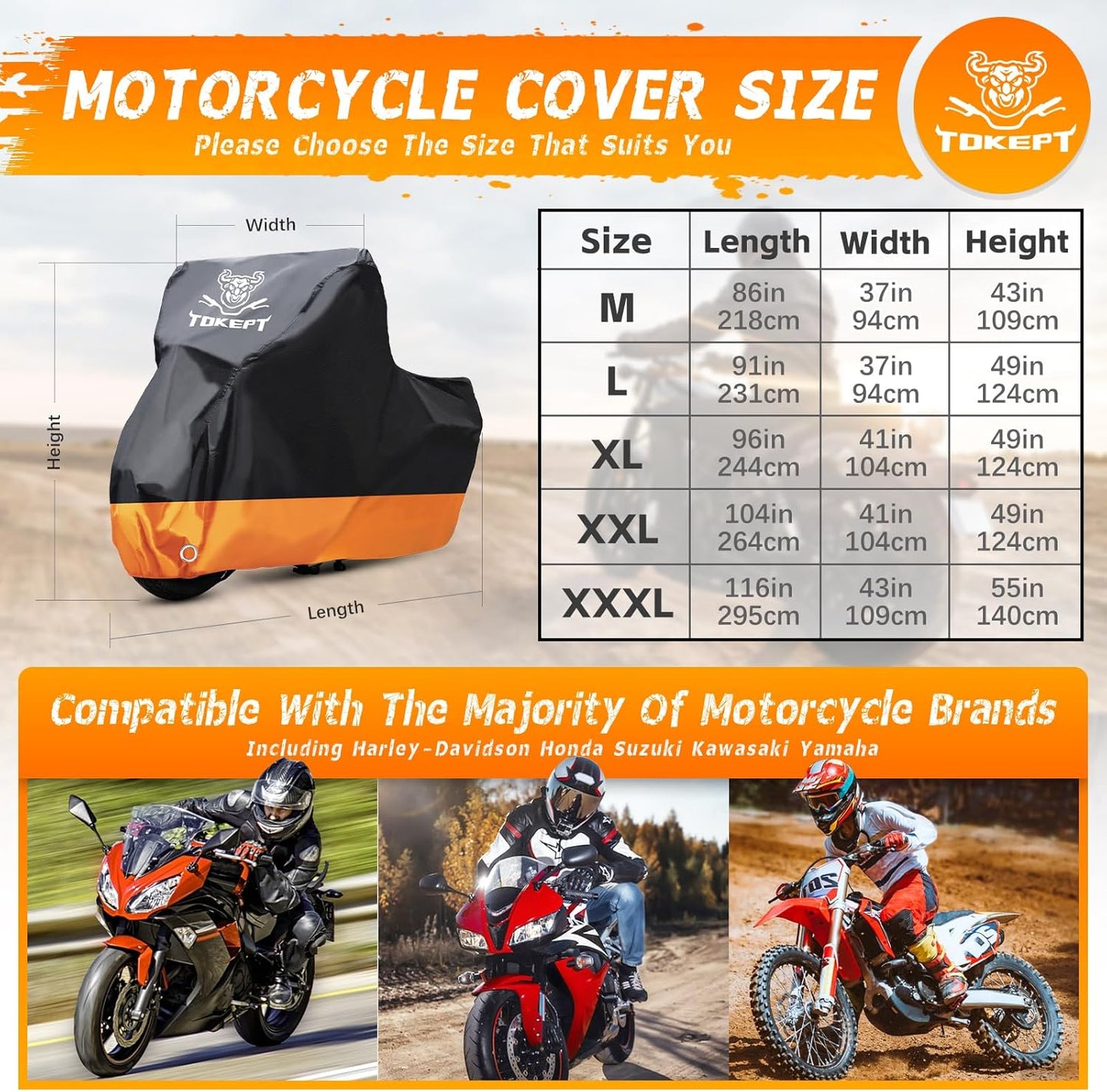 Motorcycle Cover, All-Season Waterproof Outdoor Sun Protection Fit up to 104 Inch Harley-Davidson Honda Suzuki Kawasaki Yamaha (XXL Black&Orange)