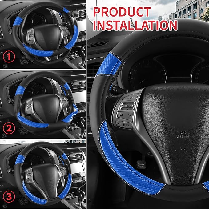 Non-Slip Car Nappa Leather Steering Wheel Cover,Universal Car Accessories Women Men Fit 14" 1/2-15" Suvs/Vans/Sedans/Cars/Trucks,Blue