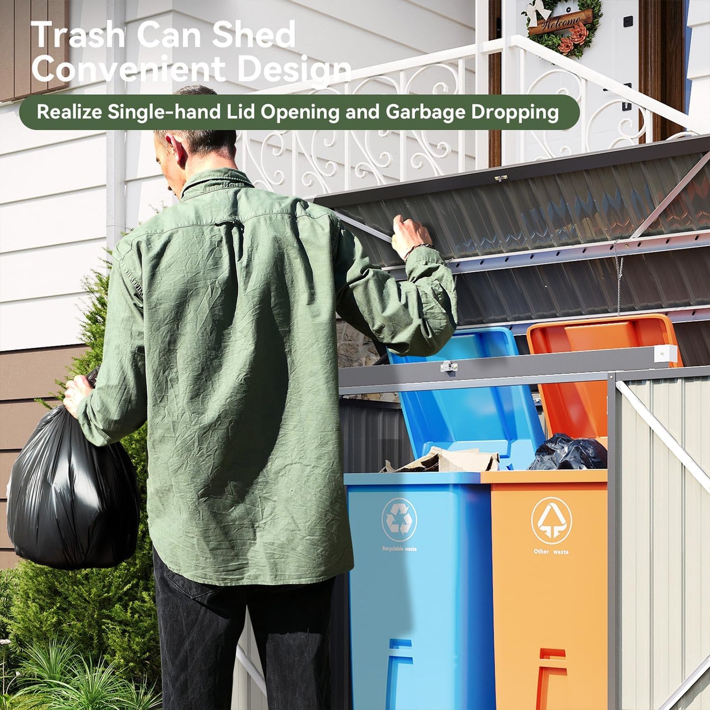 Aoxun 80 CU.FT Outdoor Storage Shed Metal Trash Can Storage with Chain Lid Waterproof Outdoor Garbage Can Organizer, Ideal for 2 Trash Bins, Toys, Garden Tools (Black)