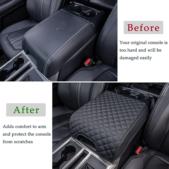 JDMCAR Center Console Cushion Compatible with 2015-2020 Ford F150 / 2017-2022 F250 F350 F450 and 2018-2024 Expedition Accessories, Customized PU Leather Armrest Cover Protector (Bucket Seat Only)