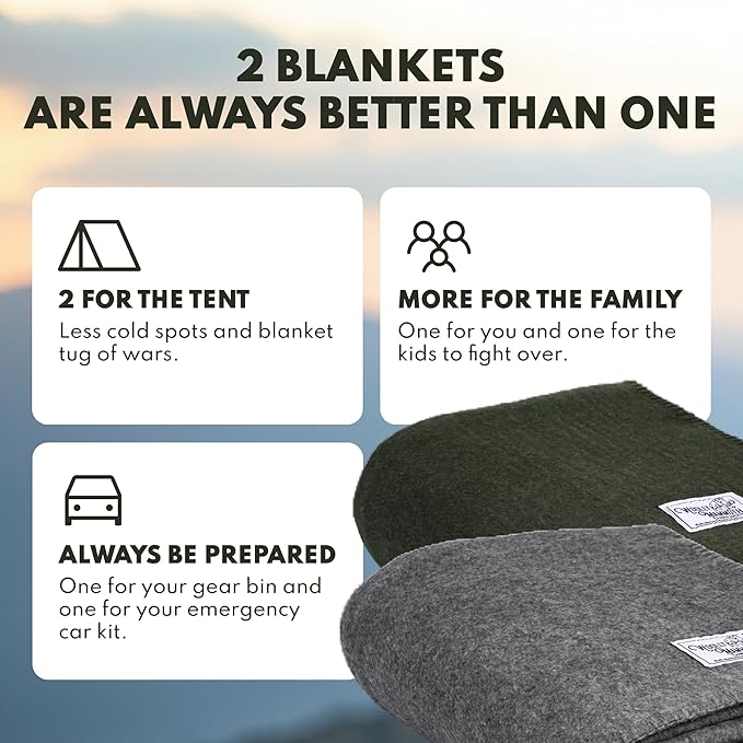 Woolly Mammoth 80% Merino Wool Camp Blankets (2-Pack) - Soft, Naturally Fire-Resistant and Temperature-Regulating - for Winter Camping, Bushcraft and Emergency Car Kits (66" x 90", Slate & Moss)