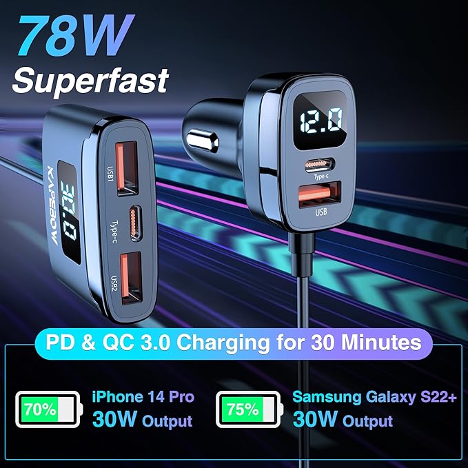 kapebow 78W Fast Charging USB C Car Charger, 5 Port Car Phone Charger with Voltage Display, 5FT Extention PD&QC 3.0 Type C Car Charger for Back Seat for iPhone iPad Samsung Pixel Phones