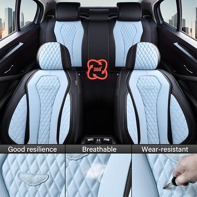 Coverado Auto Seat Covers, Car Seat Covers Full Set, Blue Car Seat Cover, Driver Seat Covers Front Seats Rear Seat Cover, Luxury Car Seat Cushion,Leather Seat Cover Seat Protector Fit for Most Cars