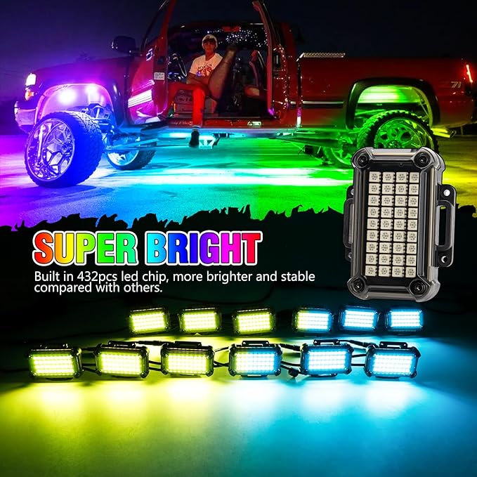 LED Rock Lights for Trucks 12pods, 212-Modes, Music Mode, Adjust Brightness & Speed RGB Rock Light for Jeep Trucks ATV UTV Offroad