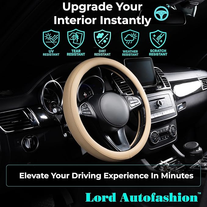 Lord Autofashion Steering Wheel Cover – PU Leather, Non-Slip Rubber Inner, All-Season Comfort – 14.5–15 Inch (Beige 8397)