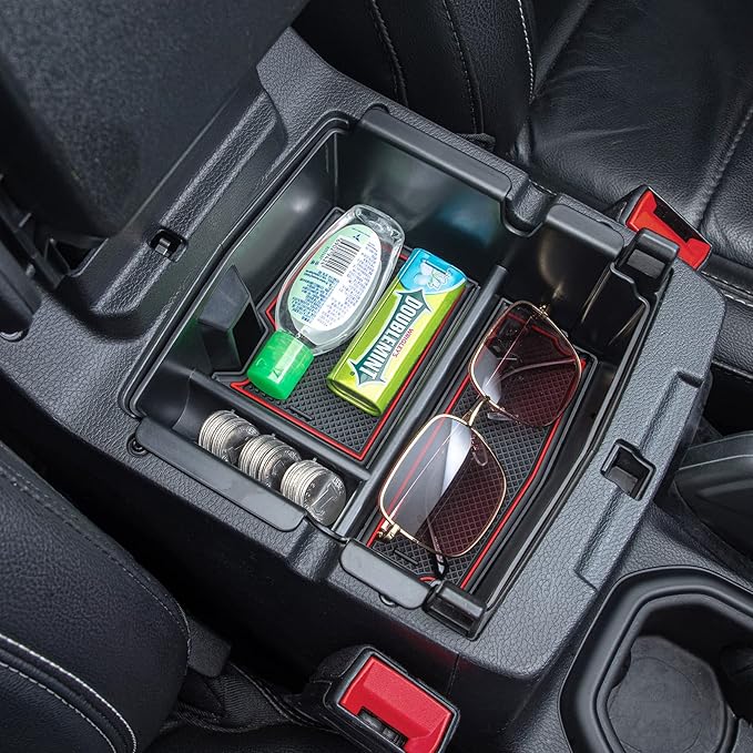 PIMCAR Center Console Organizer for Jeep Wrangler JL/JLU (2018-2026) & Gladiator JT (2020-2026) | Armrest Storage Tray | Interior Accessories (Not for JK/JKU) | Red Liner Trim