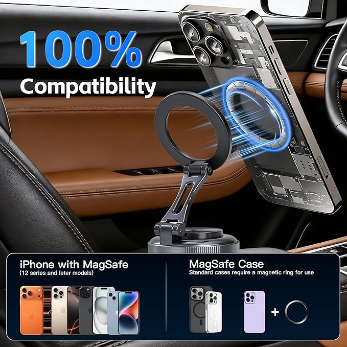 Car Phone Holder [120LBS Strongest Suction 2800gf Magnetic], 360° Adjustable for Magsafe Car Mount, Car Phone Mount for Cars/Gyms/Mirrors/Shower Stalls, Compatible with iPhone and Android Devices (4)