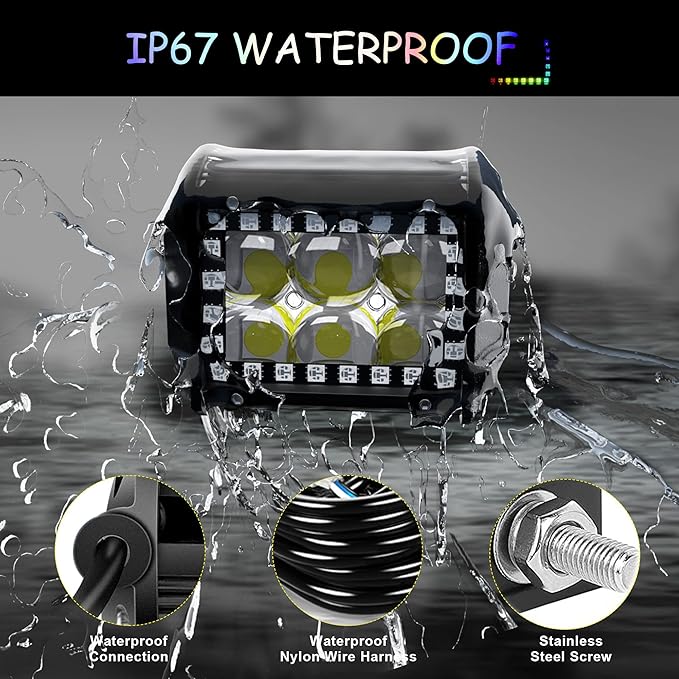 4PCS 4" inch LED Spot Work Light Bar with Multi-Color Chasing RGB Halo 16 Solid Colors Over 92 Flashing Modes Offroad Pods Lights LED Driving Lamp Fog Lights with Switch and Wiring Harness