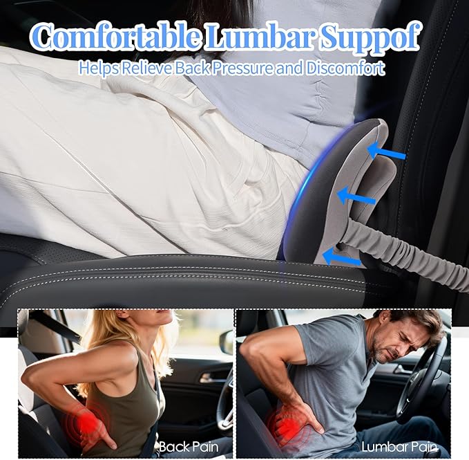 Lumbar Support Pillow for Car, Memory Foam Back Cushion Provides Lumbar Support to Relieve Back Pain, Ideal for Driving Cars and Office Chairs as a Back Support Pillow (Grey)
