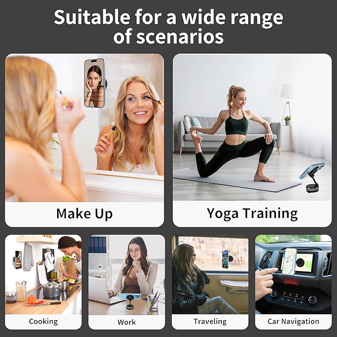 Phone Holders for Your Car, 24 Built-in Strong Magnets & Swivel Suction Cup, Vacuum Suction with Twist-Button Release, Foldable & Reusable for MagSafe & Magnetic Cases, White